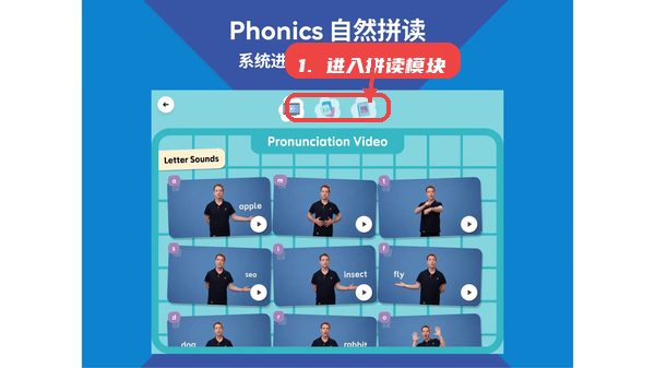 英孚星飞跃教程图:第二步,进入拼读模块。 进入拼读模块。